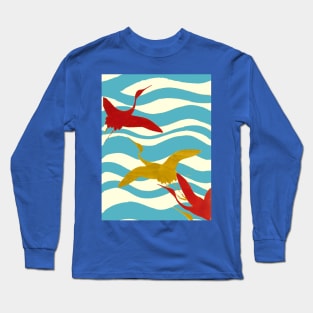 RED YELLOW FLYING CRANES ON WHITE BLUE OCEAN WAVES Long Sleeve T-Shirt